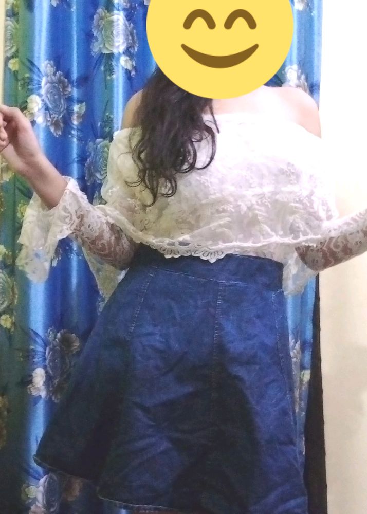 Denim Net Off Shoulder Frock For 16-20 Year Old Girl