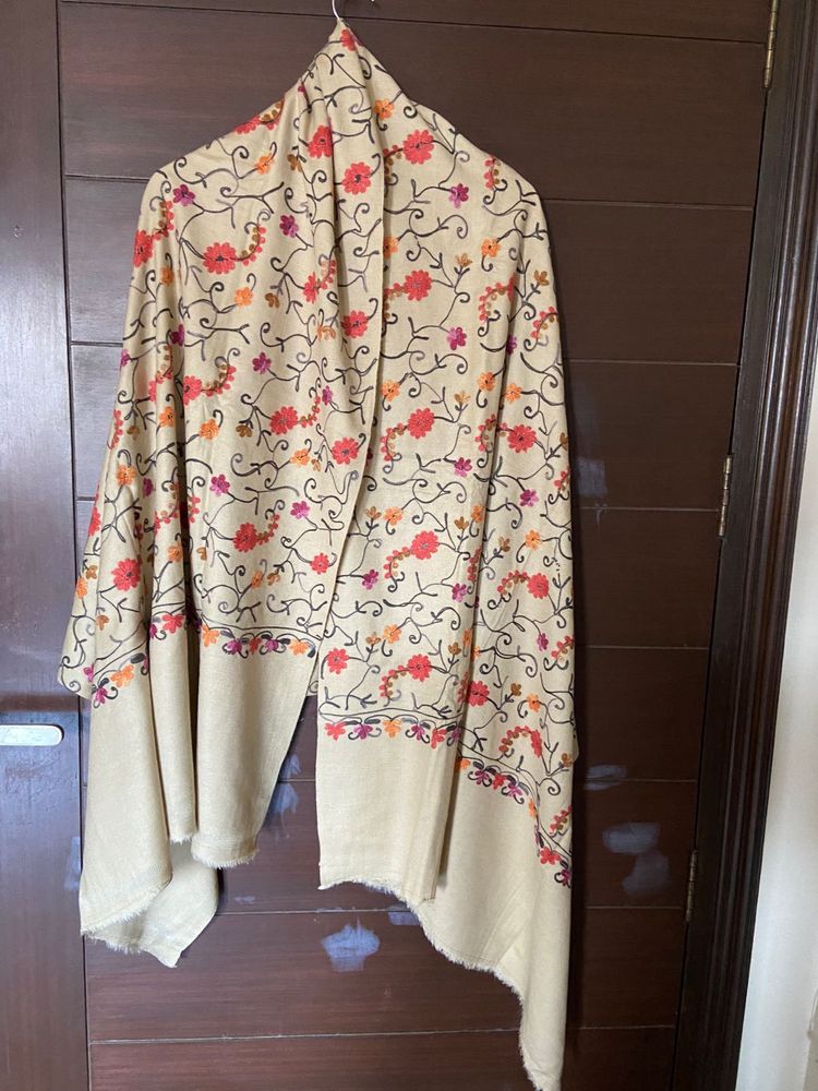 Beige Colour Full Embroidered Pure Wool Shawl
