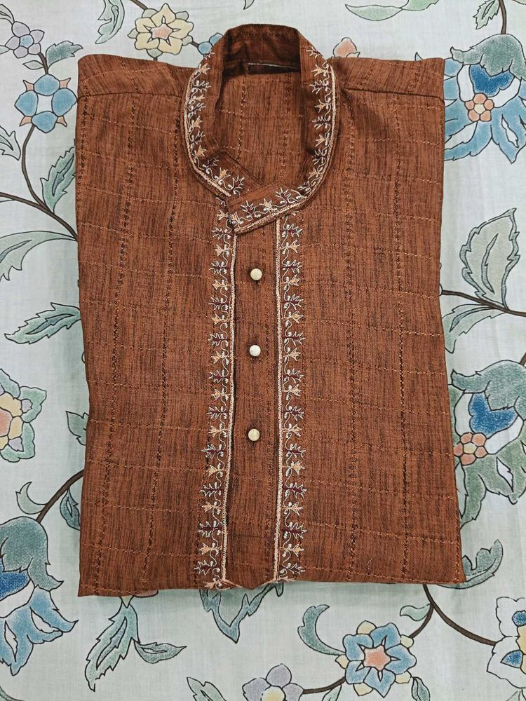 Brown Embroidered Kurta -3 Pice