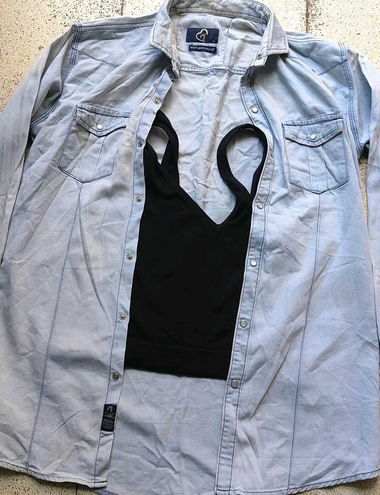 💥Combo💥 Denim Shirt With Black Tank Top
