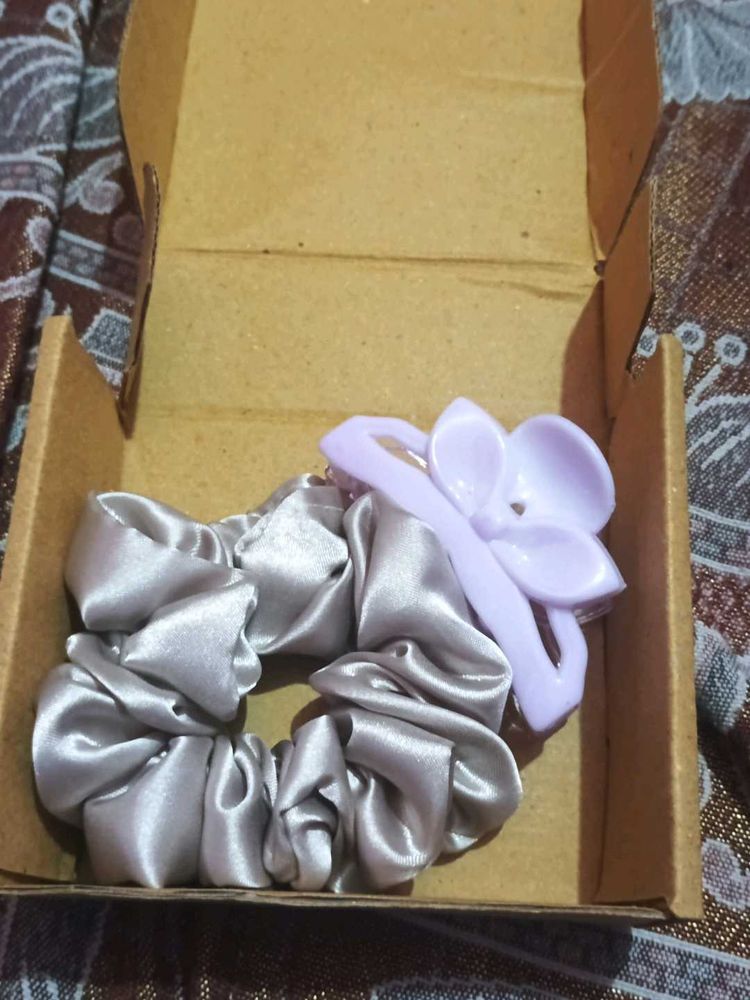 Silver Satin Scrunchie with Flower Clip