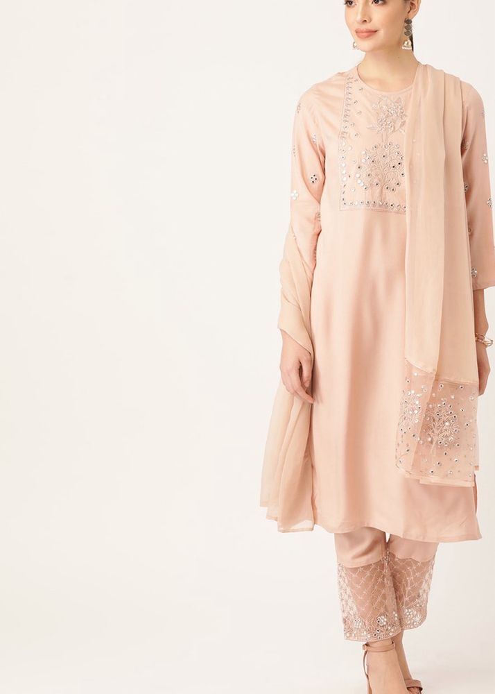 Anouk Peach Mirror-work Kurta with Trouser &amp; Dupat