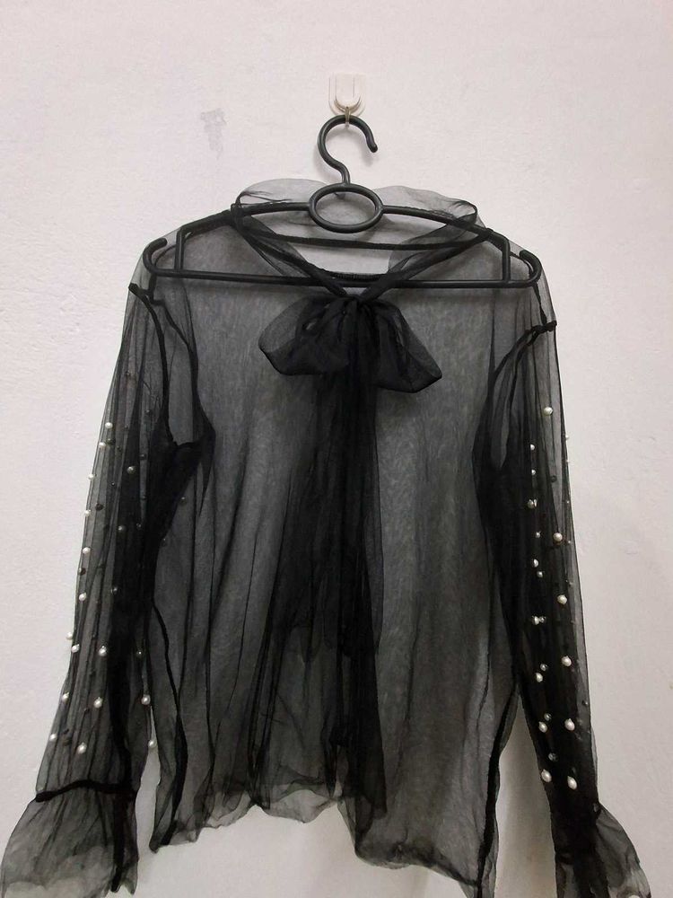 Tie Up Sheer Black Pearl Beaded Top