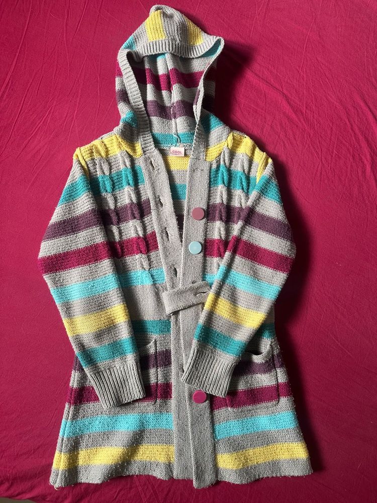 Striped Knit Hooded Cardigan