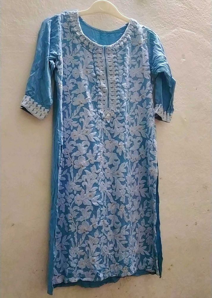 Beautiful Sky Blue Embroidered Kurti