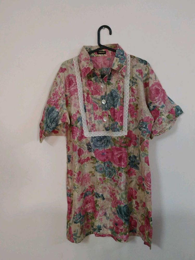 Floral Print Lace Trim Top