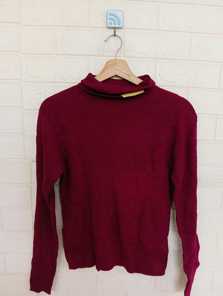 Burgundy Turtleneck Ribbed Sweater