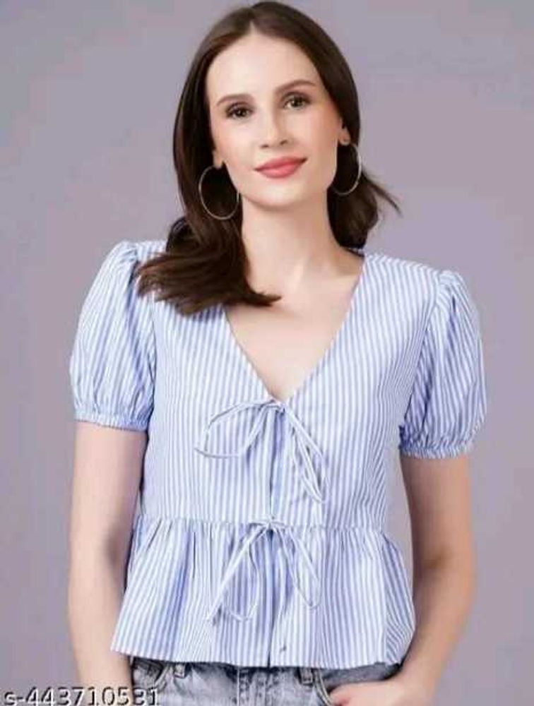 Triped Puff Sleeves Tie Top Blue