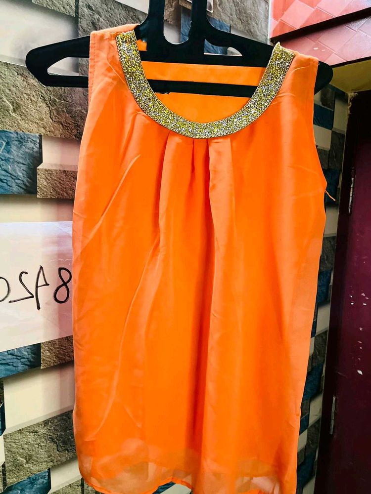 Women Sequin Work Party Wear Orange Top
