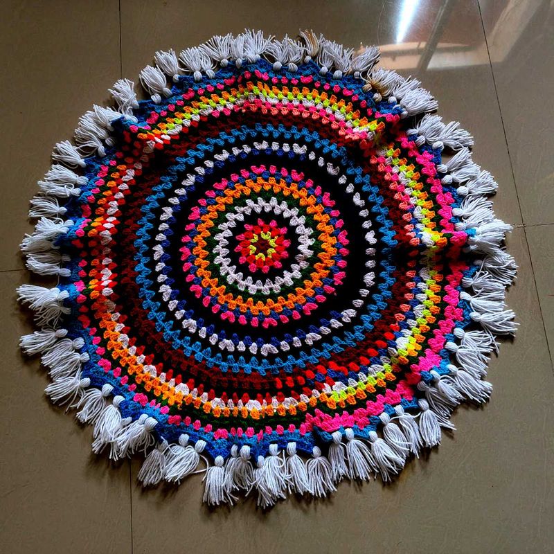 Handmade Colorful Crochet Rug with Tassels