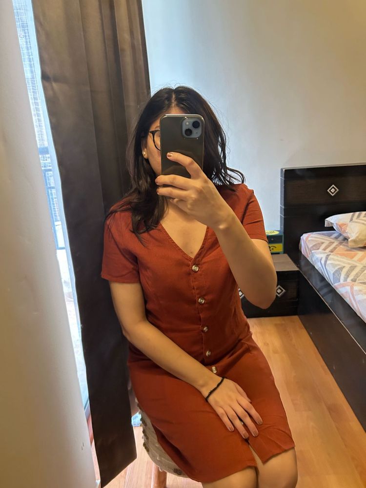 Rust Button-Front Dress
