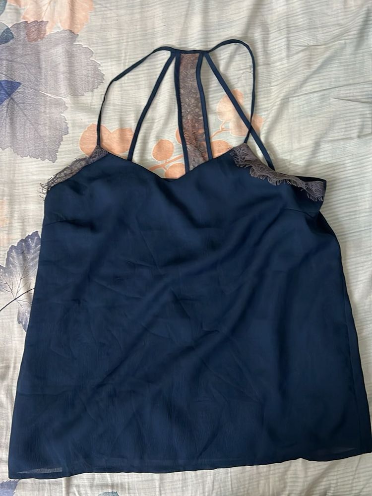 Navy Blue Cami Top with Lace Trim