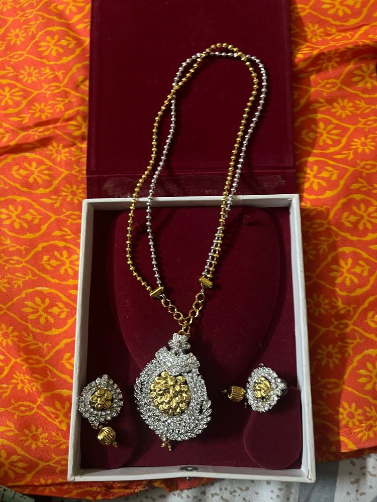 Silver And Golden Necklace With Earing