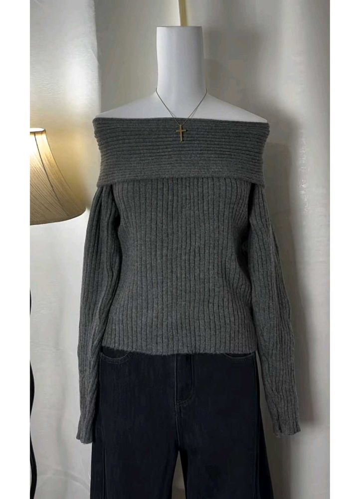 Gray Off-Shoulder Knit Top