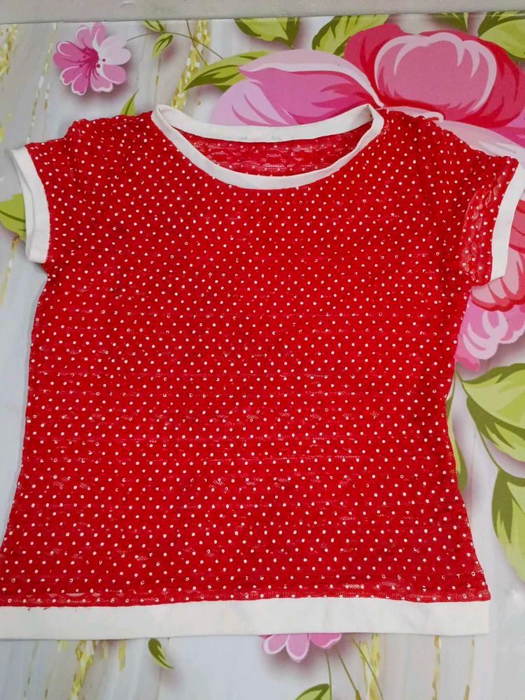 (481)Red Polka Dot Ringer Tee