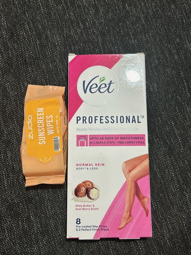 Combo -Veet Professional Wax Strips&amp;Sunscreen Wipe