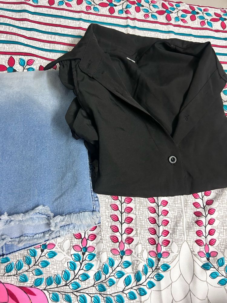 Stunning Royal Black Shirt And Denim Skirt