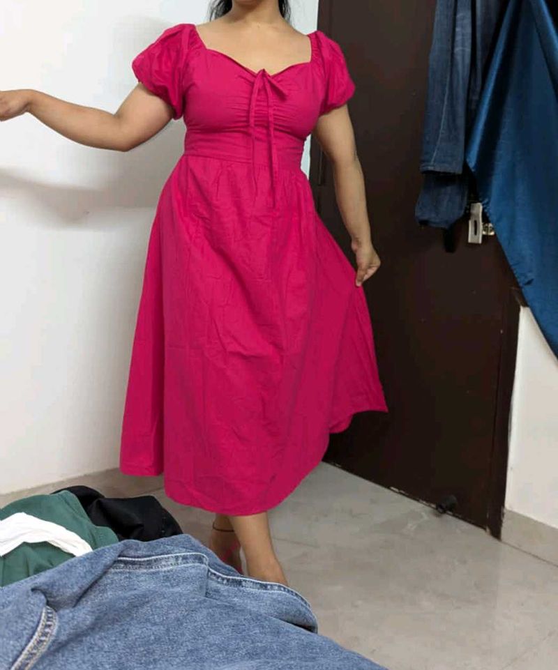 Pink Midi Sundress with Puff Sleeves