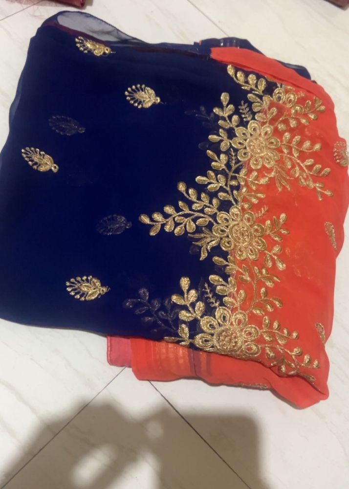 Royal Blue &amp; Orange Net Saree with GoldenEmbroidey