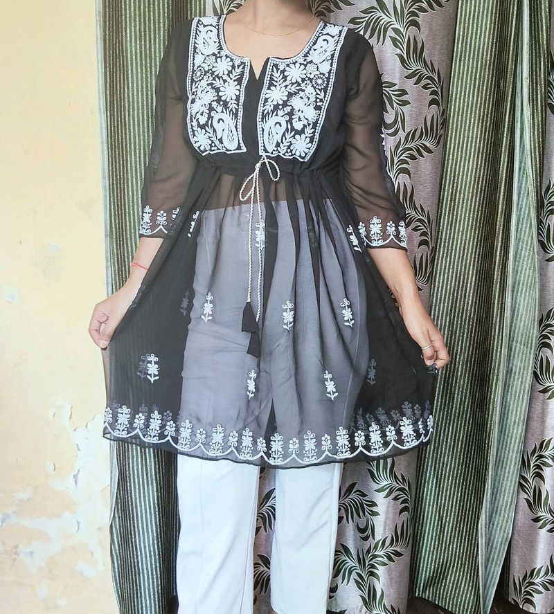 Embroidered Tie-Front Tunic
