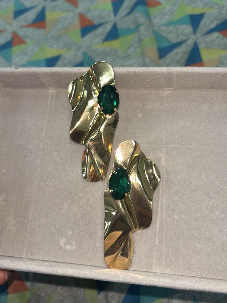 Statement Gold &amp; Emerald Earrings