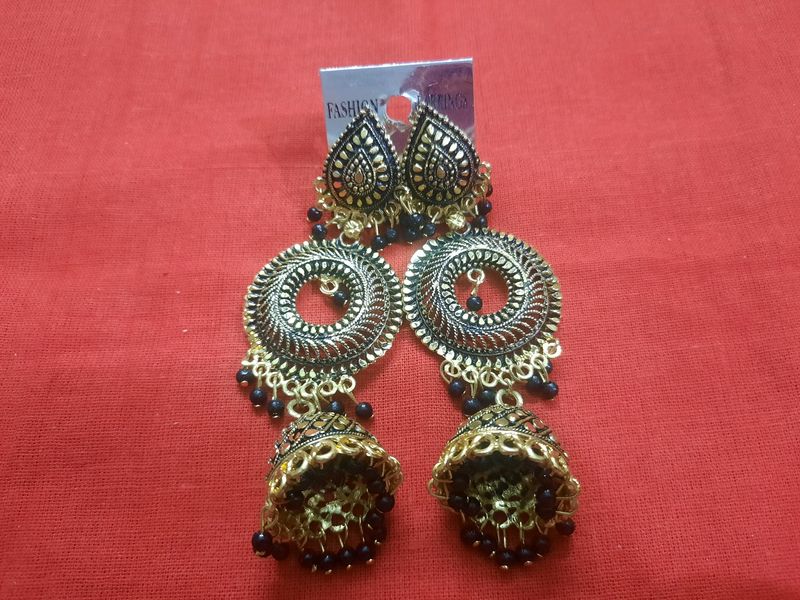 Golden Oxidised Long Earrings