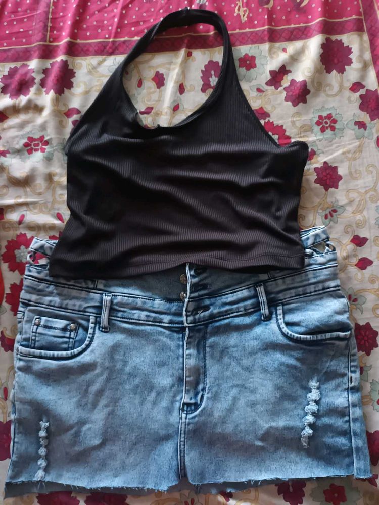 Black Halter Top &amp; Denim Shorts Set