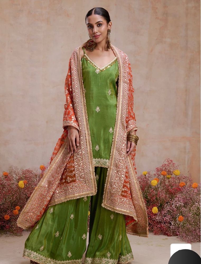 Elegant Green &amp; Orange Sharara Suit