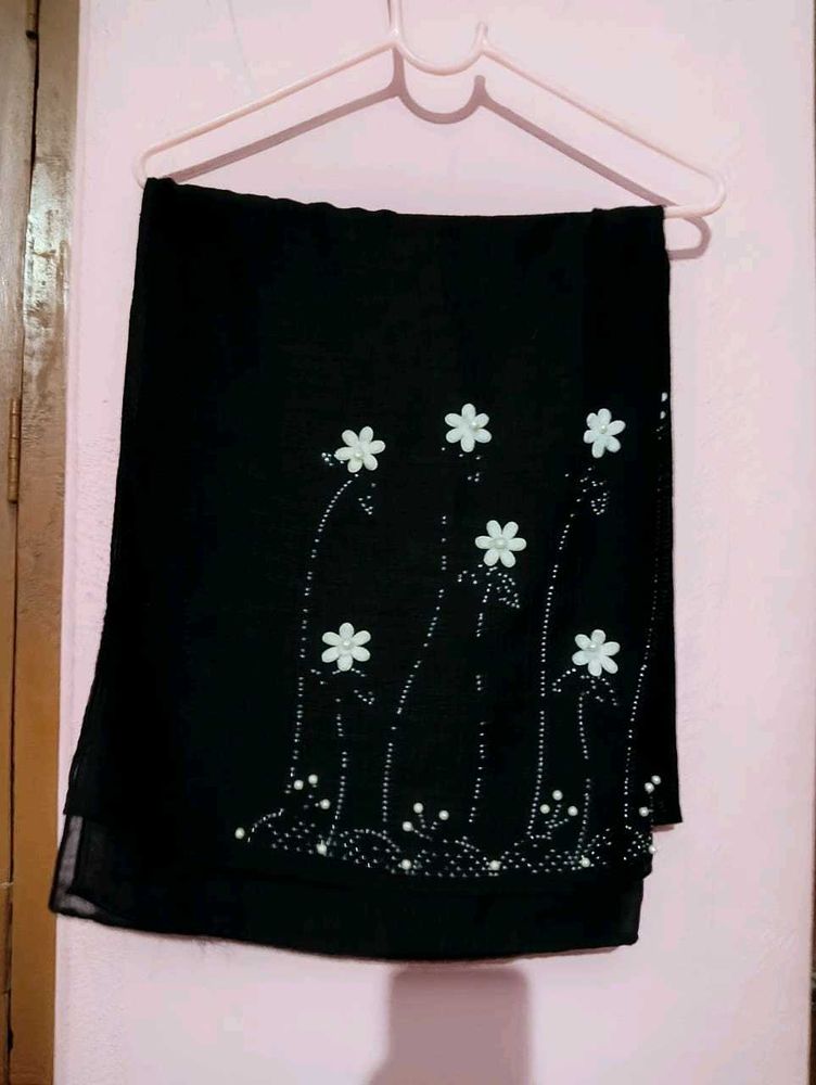 Black Floral Embellished Stoll