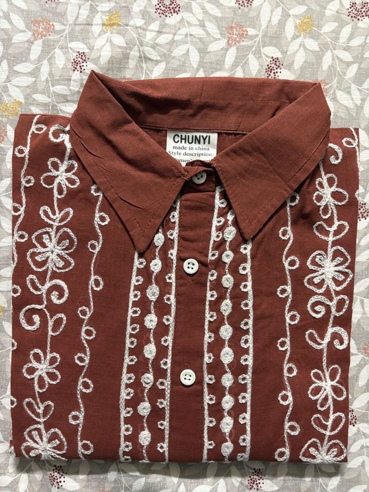 Floral Embroidered Brown Shirt
