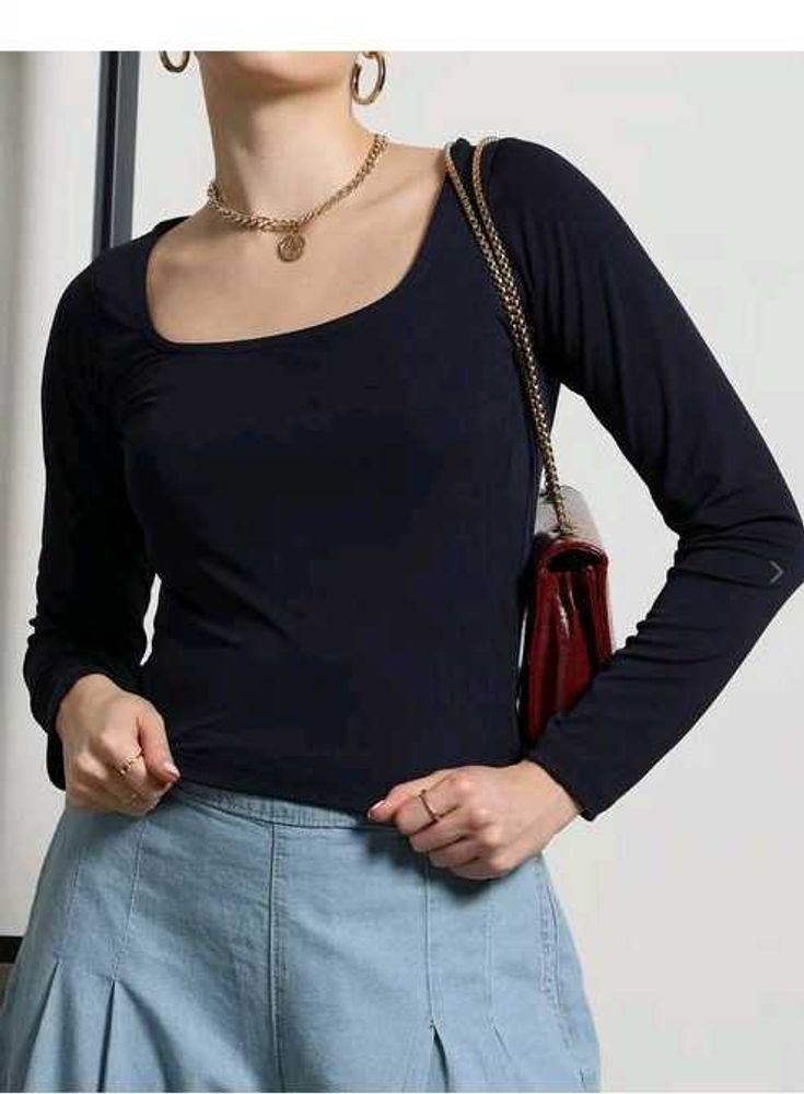 Shein  square neck navy blue Long Sleeve Top