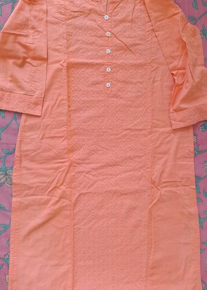 Peach Embroidered Cotton Kurta