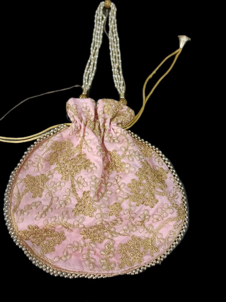 Pink Hand Embroidery Potli Bag