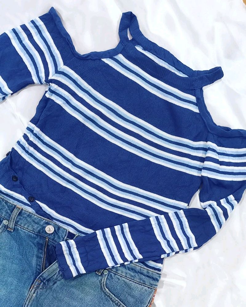 Blue Ribbed Striped Off Shoulder Short Top