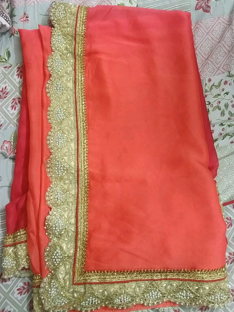 Heavy Pearl Border Work Saree For Wedding