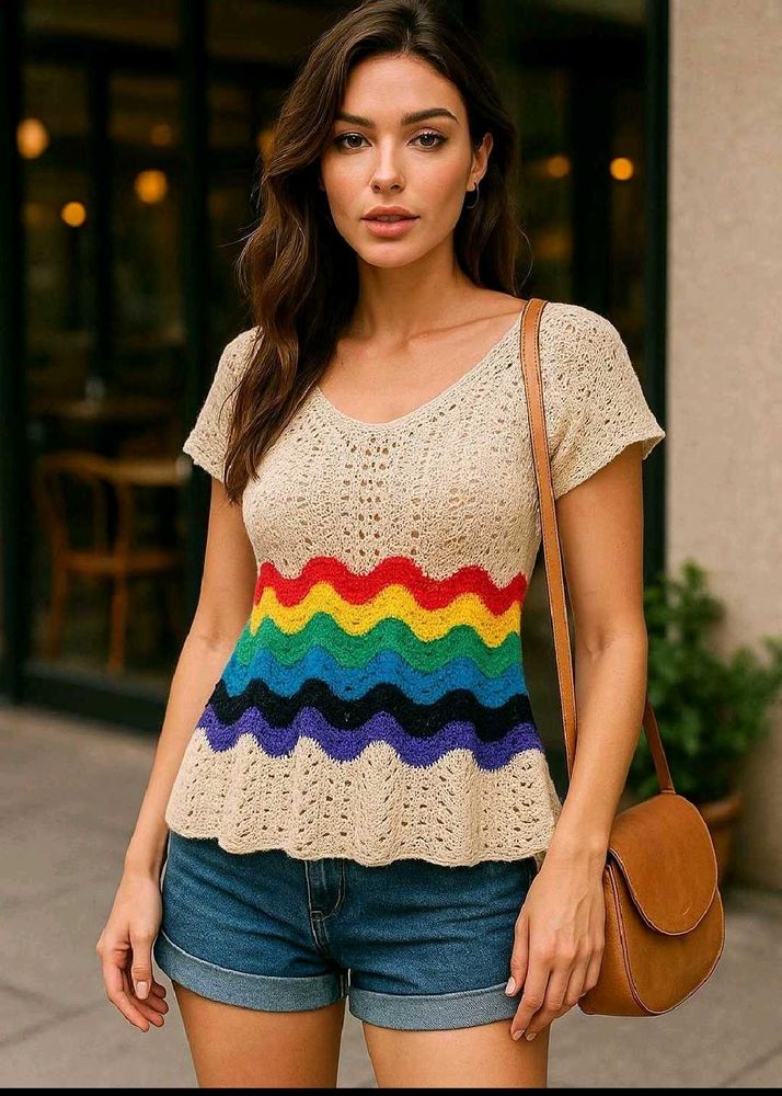 Korean Boho Rainbow Crochet Top A