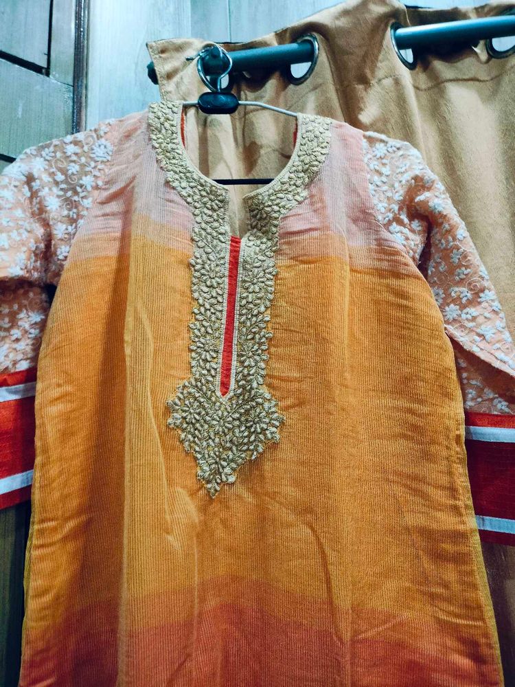 Elegant Orange Embroidered Kurta