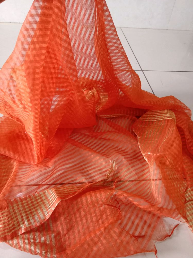 Orange With Gold Lines Pattern Dupptaa ( Women )