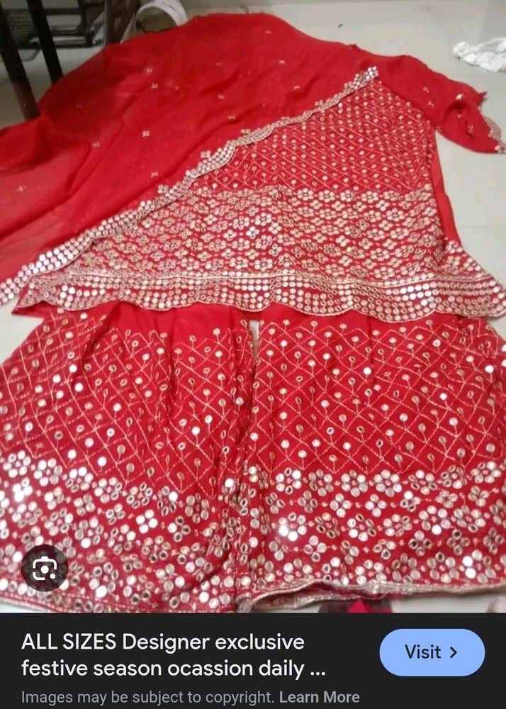 Red Mirror Work Sharara Suit