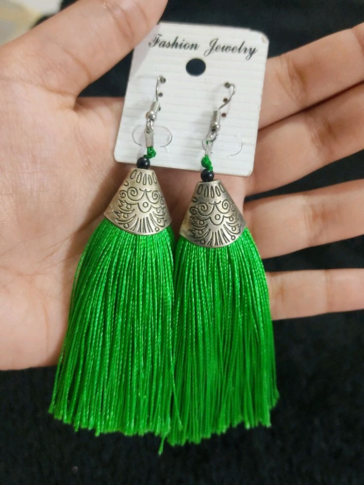 Parrot Green Tassel Earrings