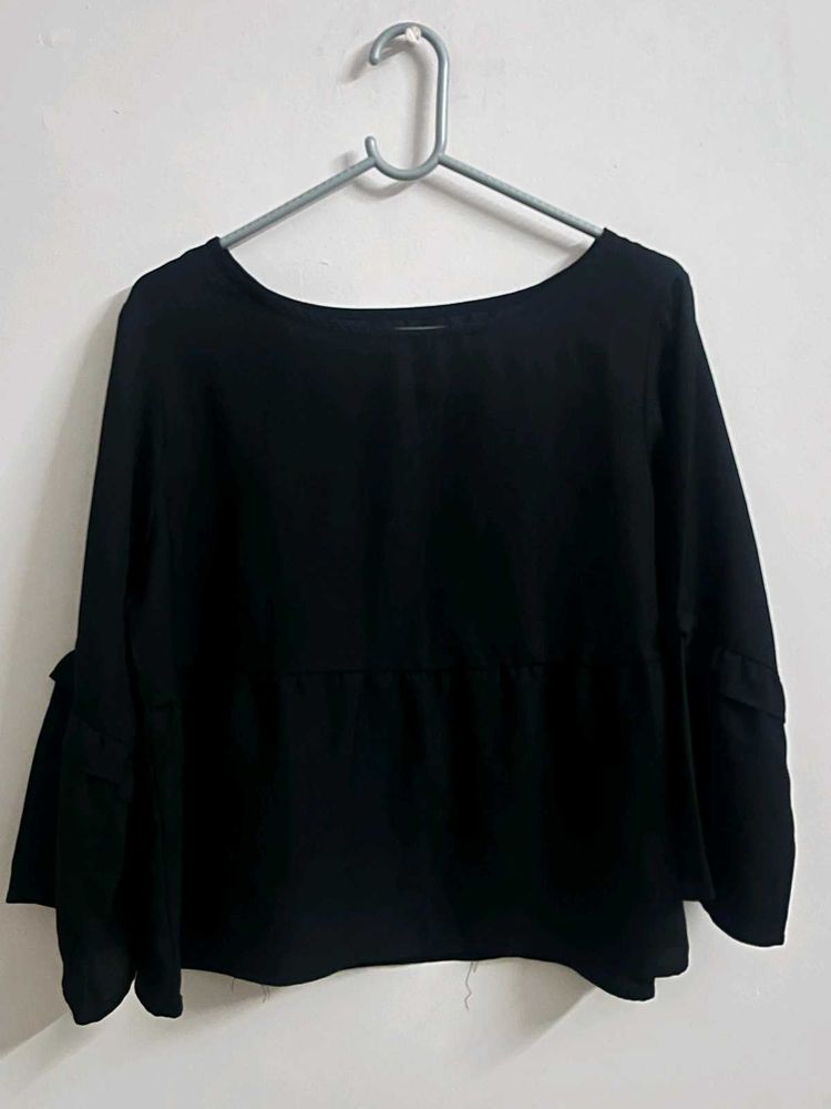 Black Flowy Long Sleeve Top with Flared Slee