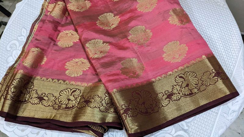 Pink &amp; Gold Banarasi Silk Saree