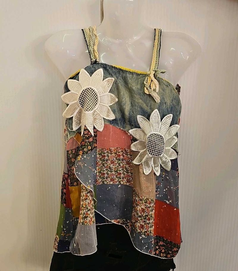 Unique Patchwork Tank Top with Flowers