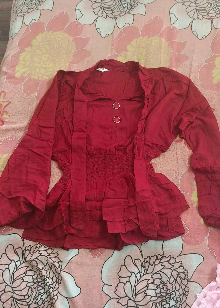 Red Ruffled Peplum Blouse