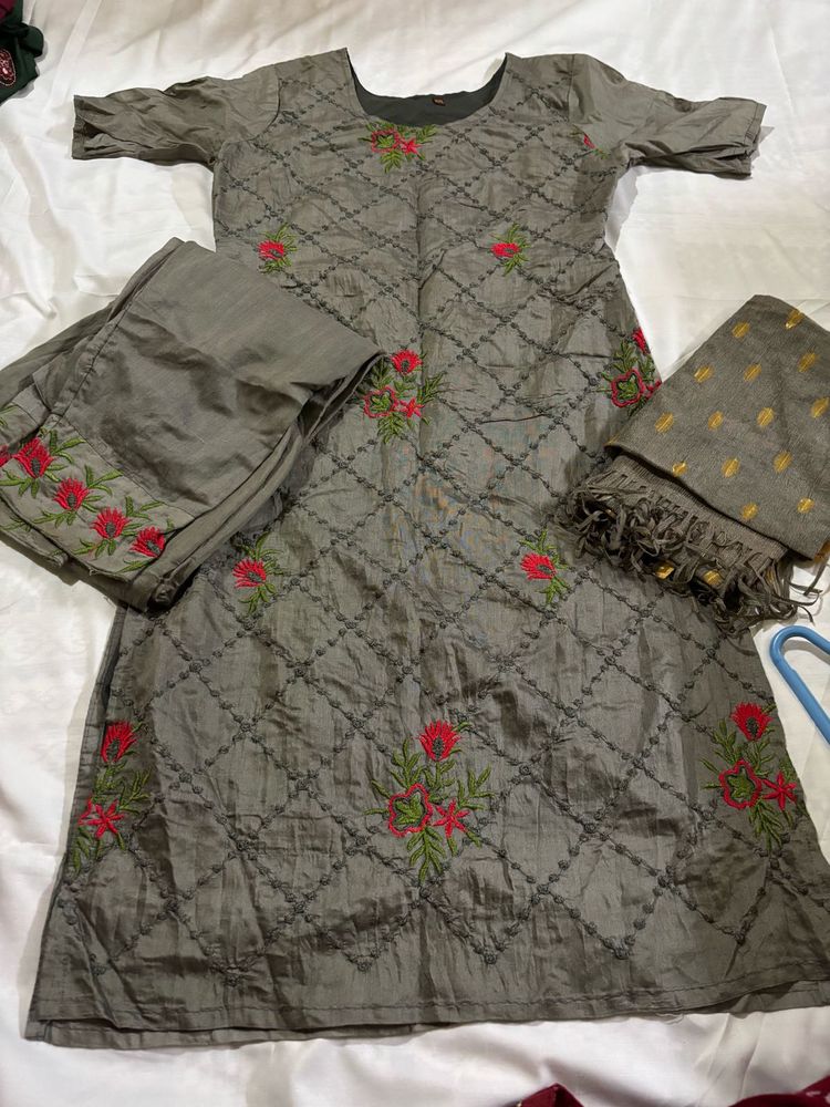 Gray Embroidered Kurta Set
