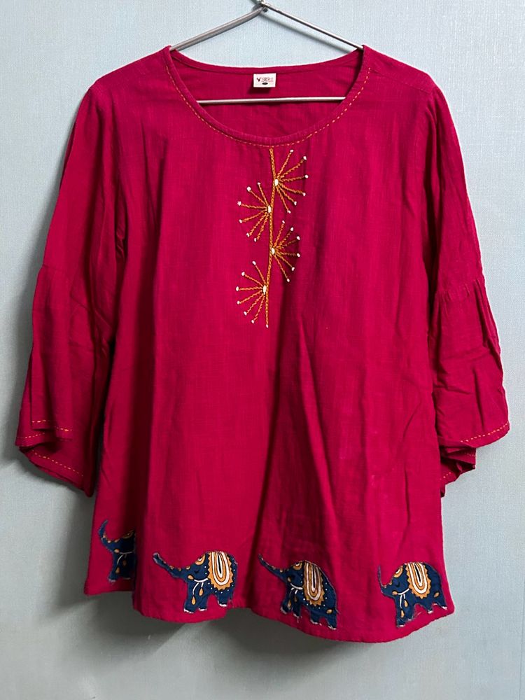 Magenta Elephant Embroidered Top