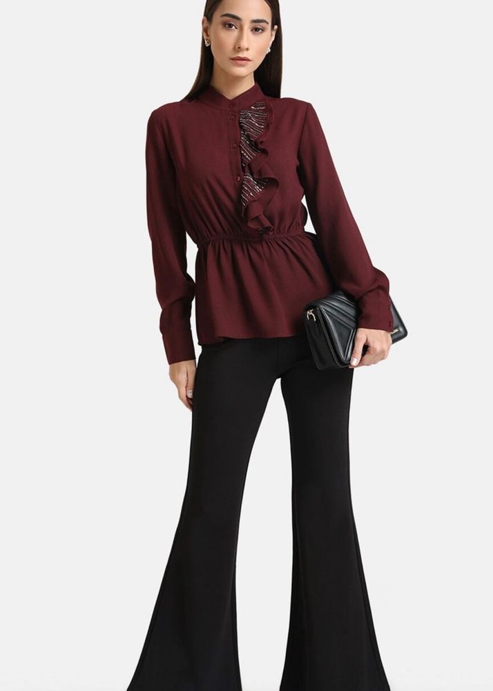 Maroon Tie-Up Neck Embellished RuffleCinched