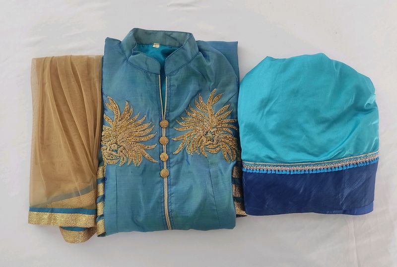 Dark Cyan Embroidered Front Open Kurti, Skirt &amp; Du
