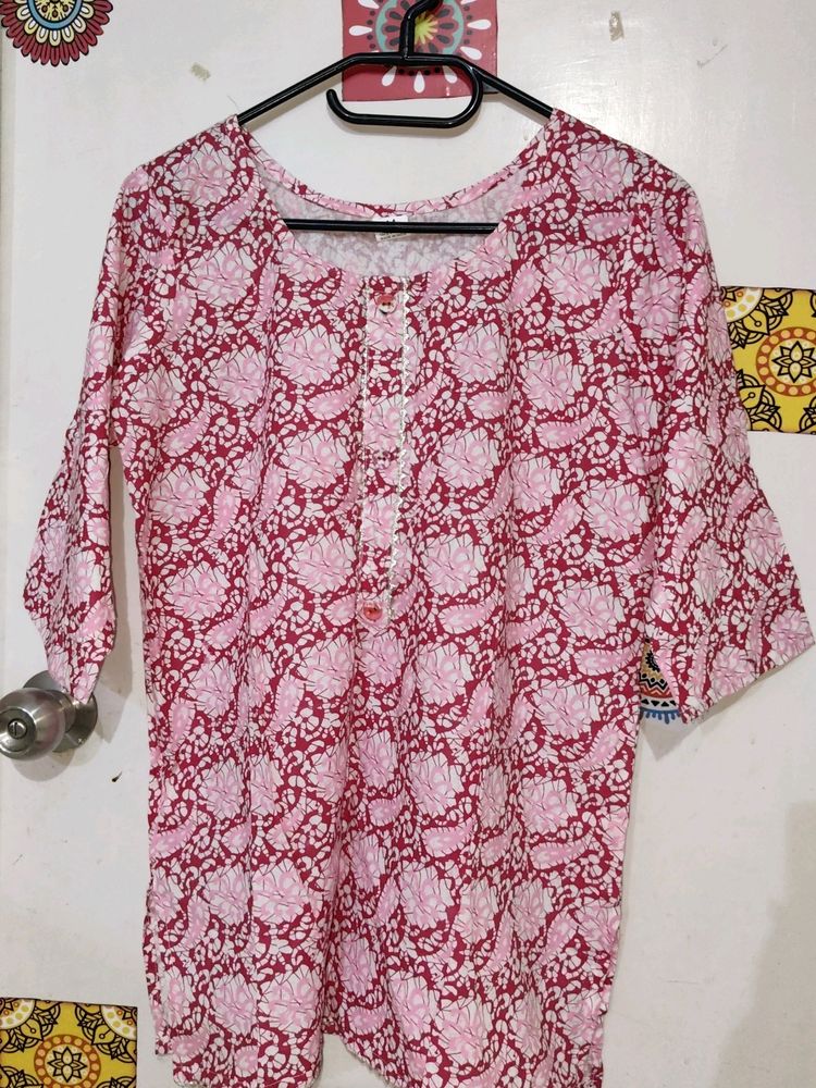 Unused Beautiful Pink Floral Ethnic Short Cotton Kurti Top