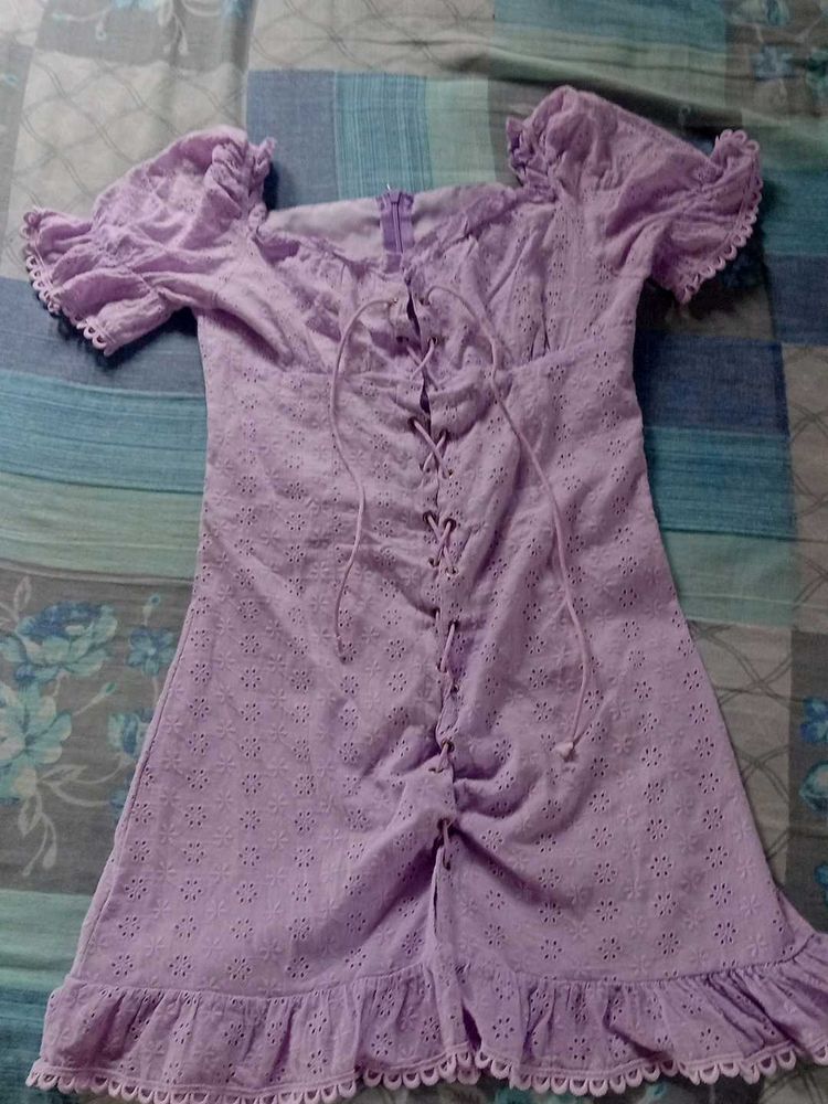 Lavender Eyelet Lace-Up Mini Dress